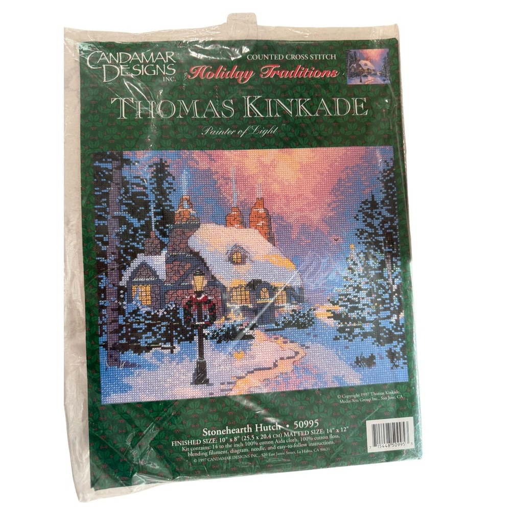 New VTG Thomas Kinkade Cross Stitch Kit 10x8 Stonehearth Hutch Snowy Scene